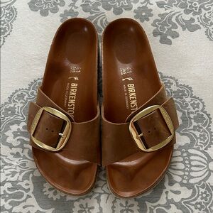 Birkenstock Madrid Cognac Tan Sandals with Gold Buckle, size 41